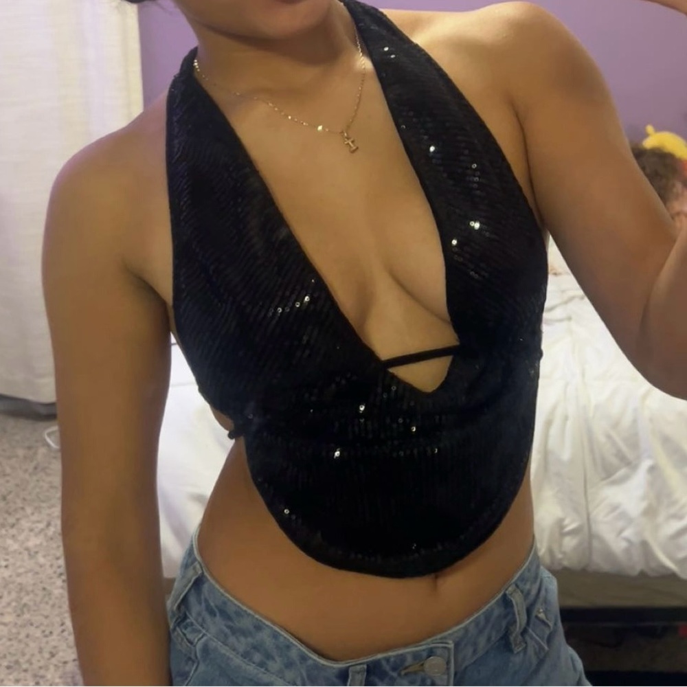SHEIN Black Sequin Backless Crop Top